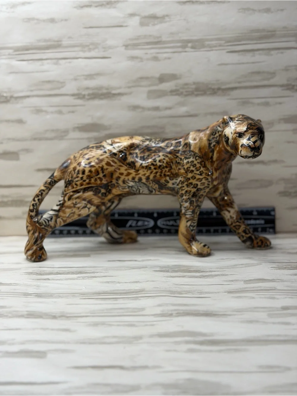 Vintage La Vie Safari Patchwork Leopard Figurine Ceramic Animal Print Panther
